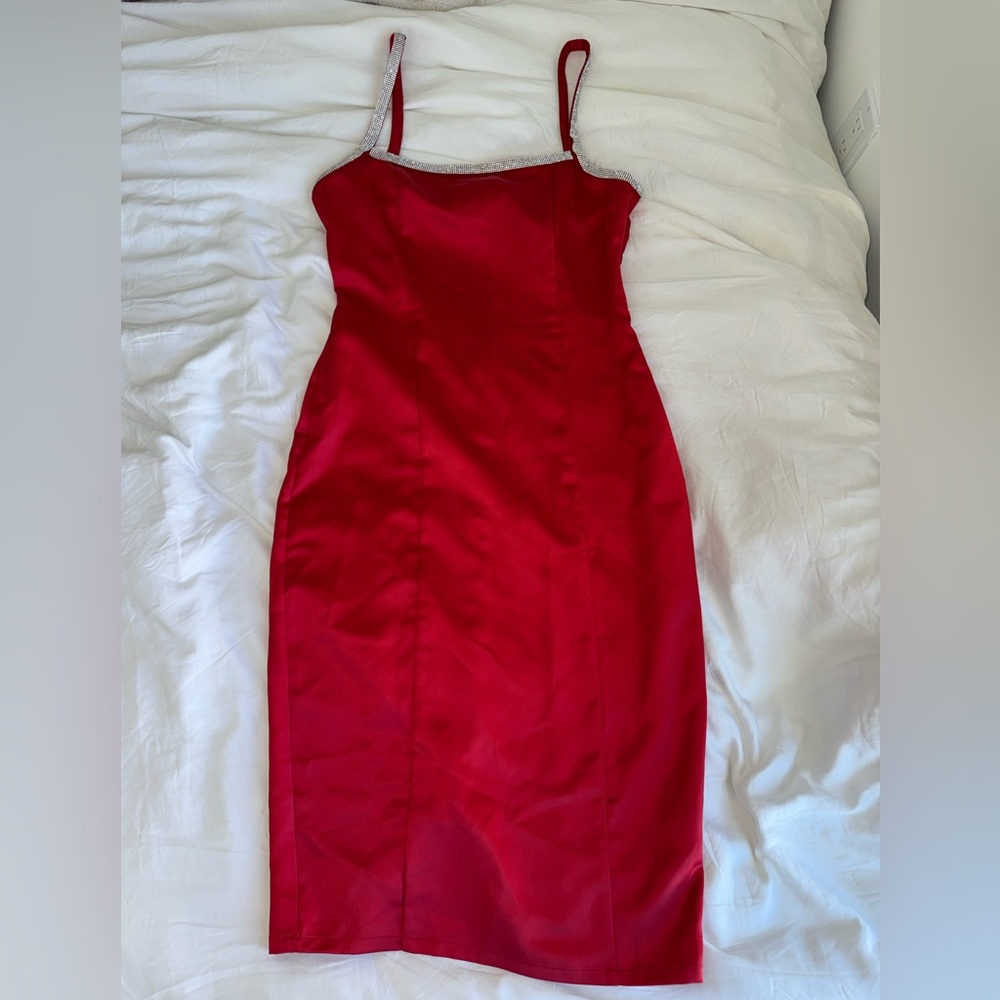 Revolve Red Satin Midi Dress with Rhinestone Trim